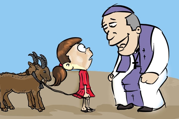 Manhã tranquila na cidadezinha no sertão. O padre, em frente à igreja, viu passar uma garotinha de uns nove 